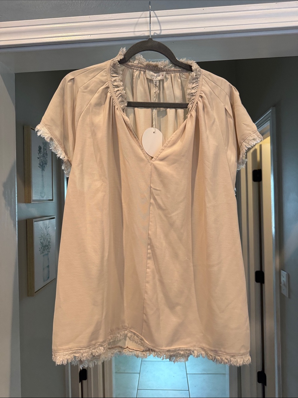 Umgee Cream Fringe-Trim Short Sleeve V-Neck Blouse